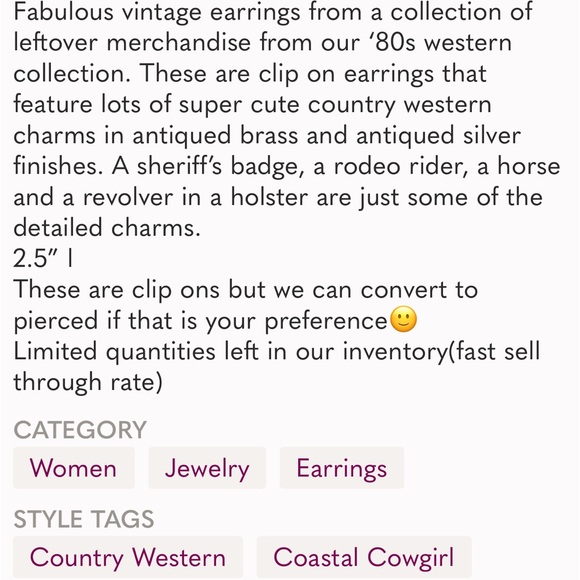 Vintage Country Western Sheriff’s Badge Charm EARRINGS-Boutique - Picture 6 of 6